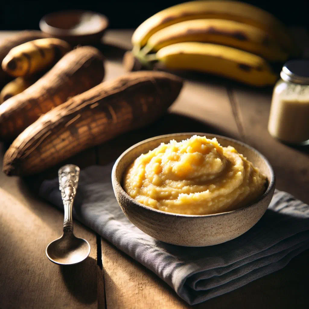 Creamy cassava and banana mash in a bowl with fresh herbs