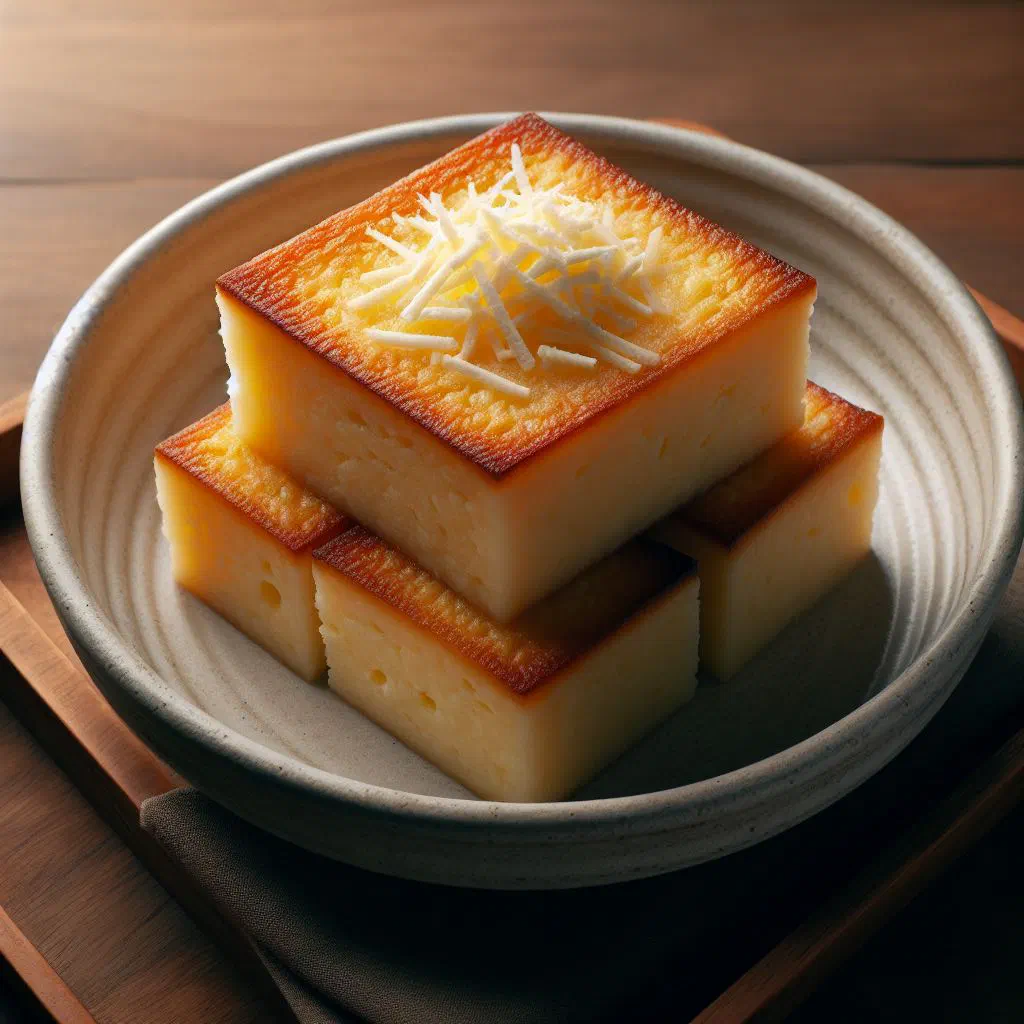 Golden baked cassava cake with coconut, sliced on a plate
