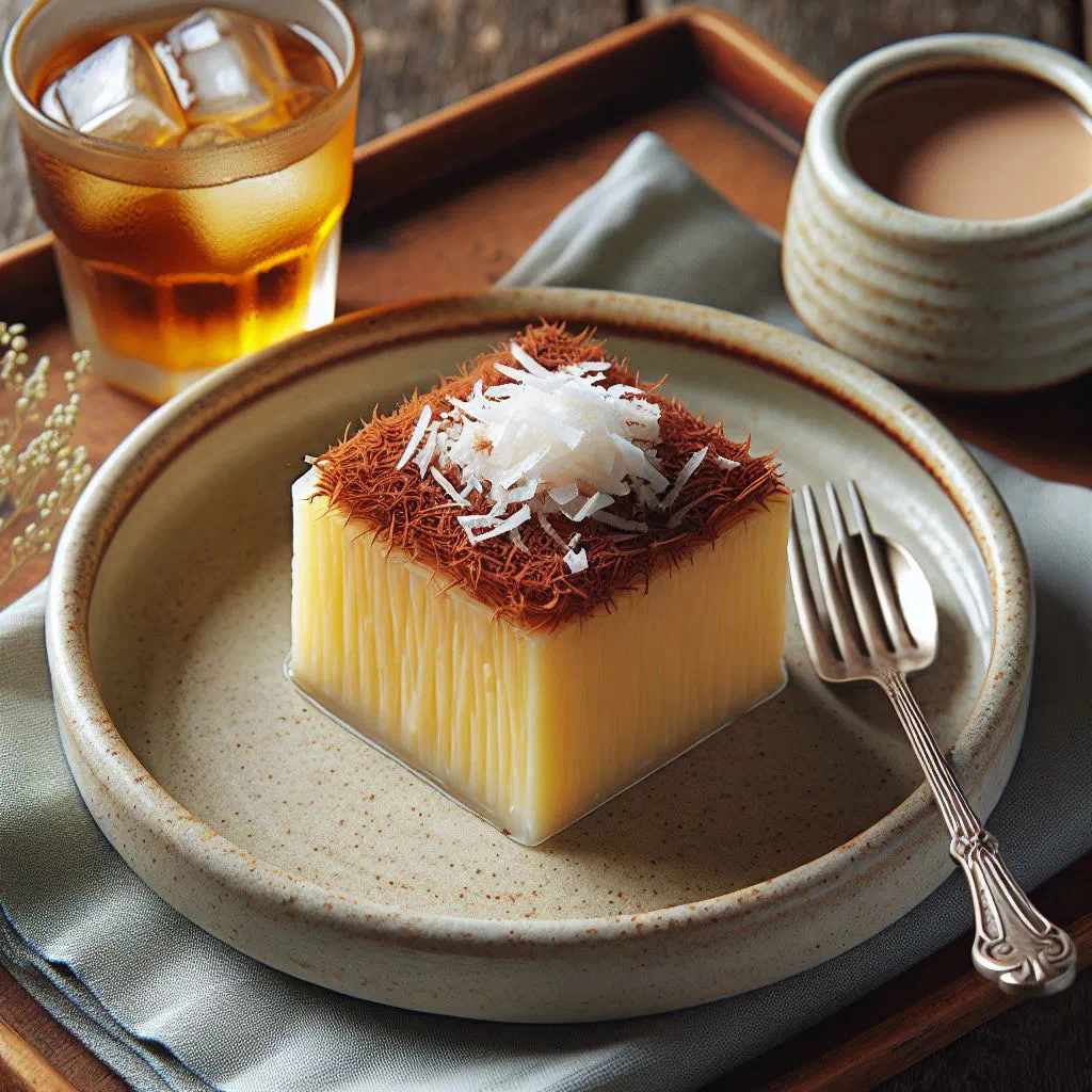 Golden baked coconut cassava pudding topped with desiccated coconut