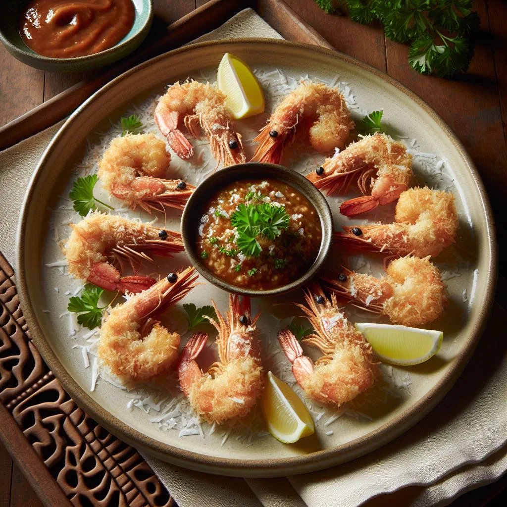 Golden coconut crusted shrimp served with a lime wedge and chilli dip