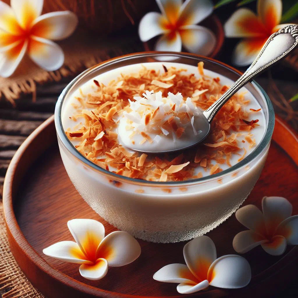 Creamy coconut pudding in a glass topped with fresh grated coconut