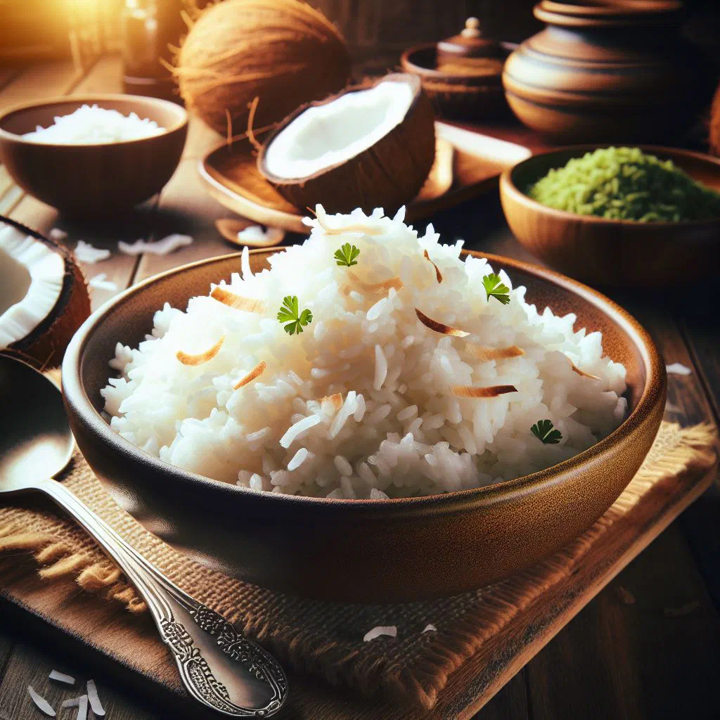 Fluffy coconut rice topped with fresh coconut shavings