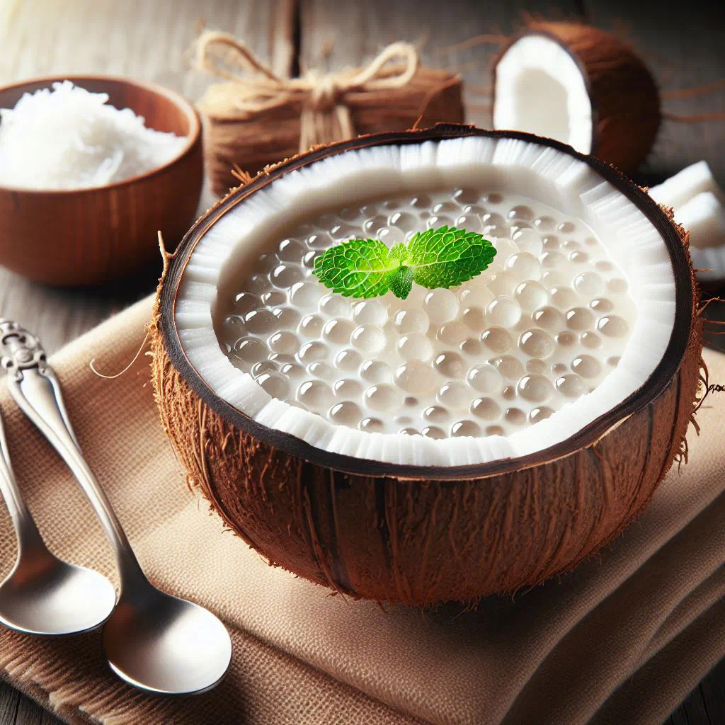Creamy coconut tapioca pudding in a glass topped with fresh mango and mint