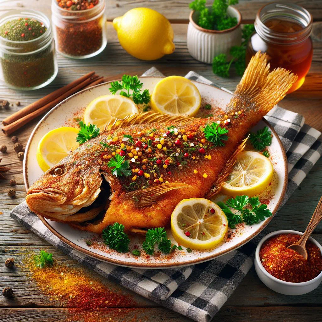 Golden fried creole fish fillets with lemon wedges and fresh herbs