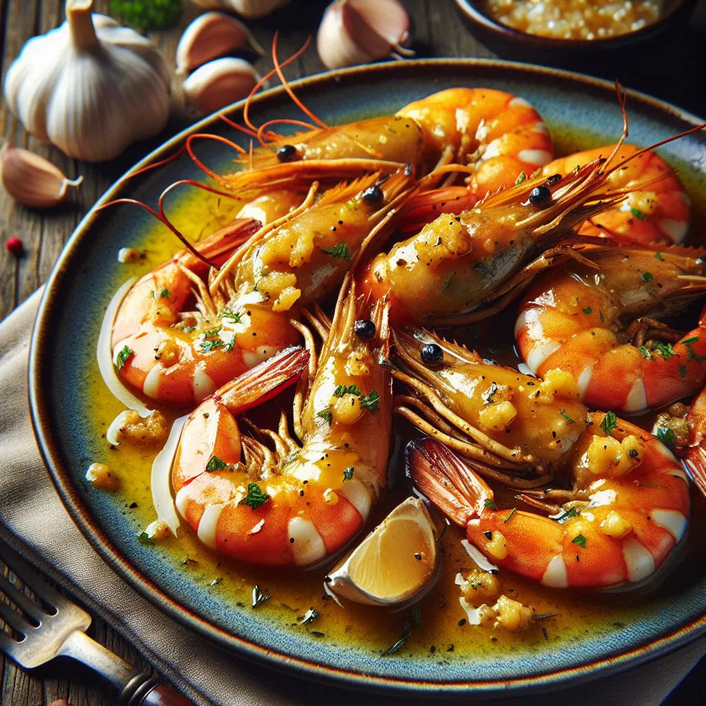 Garlic butter prawns in a pan with parsley and lemon