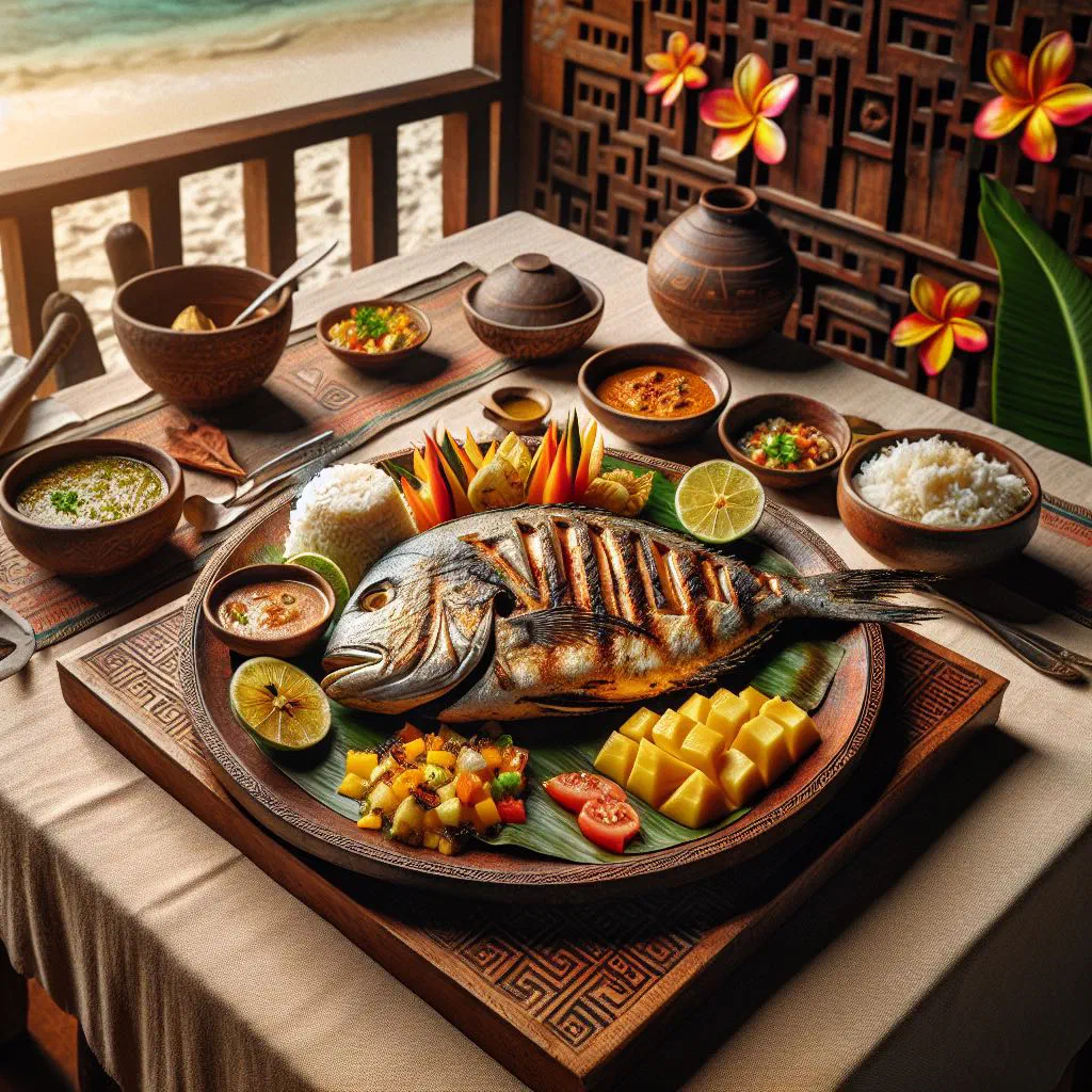 Grilled fish fillets with lemon wedges and fresh herbs