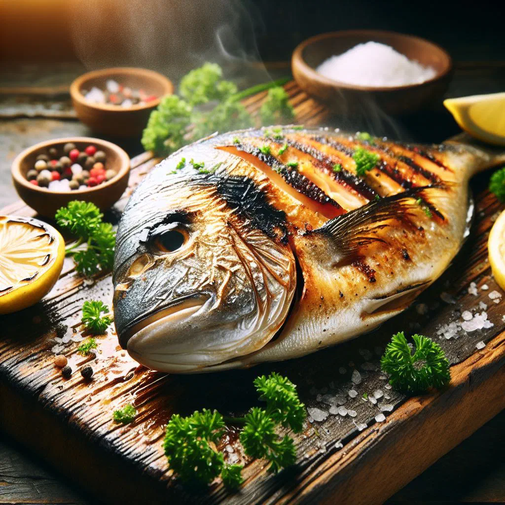 Grilled job fish fillet with lemon wedges and fresh herbs