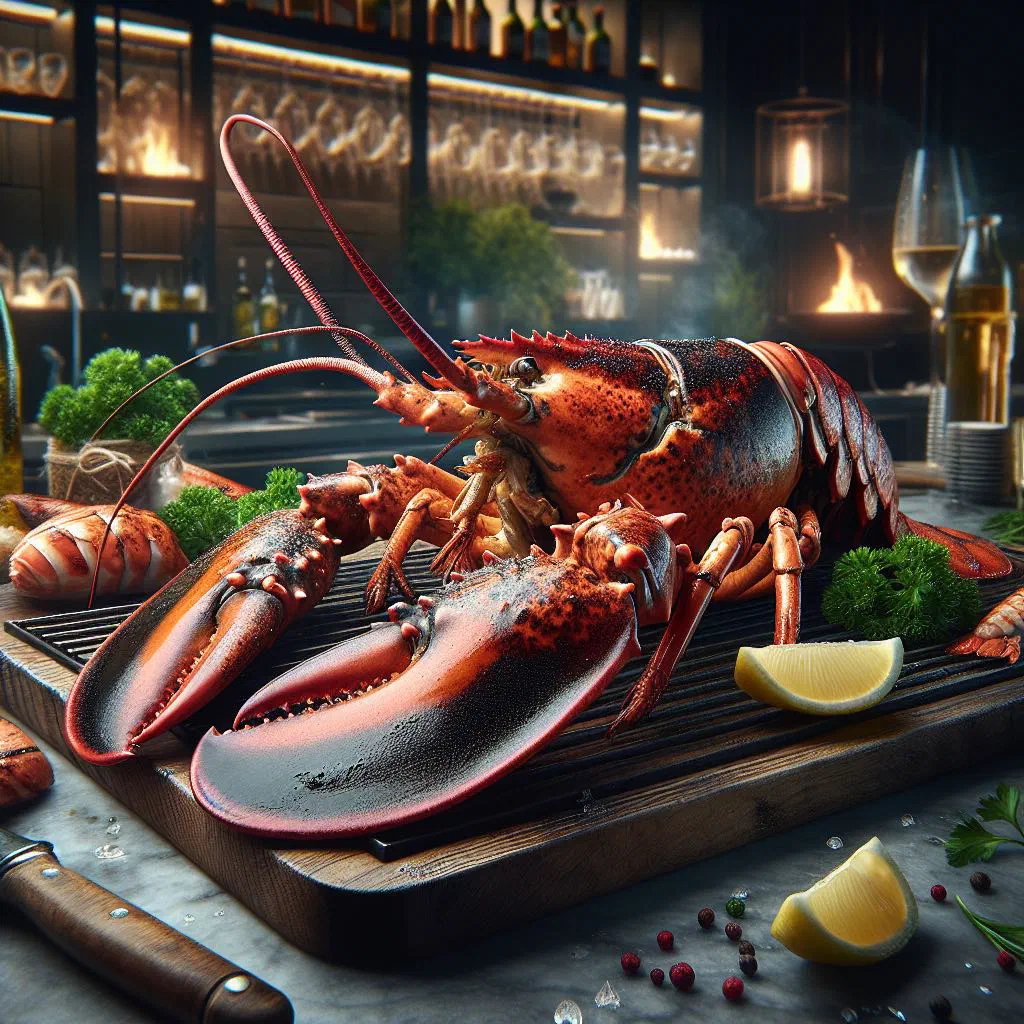 Grilled lobster tails with herbs and lemon wedges on a platter