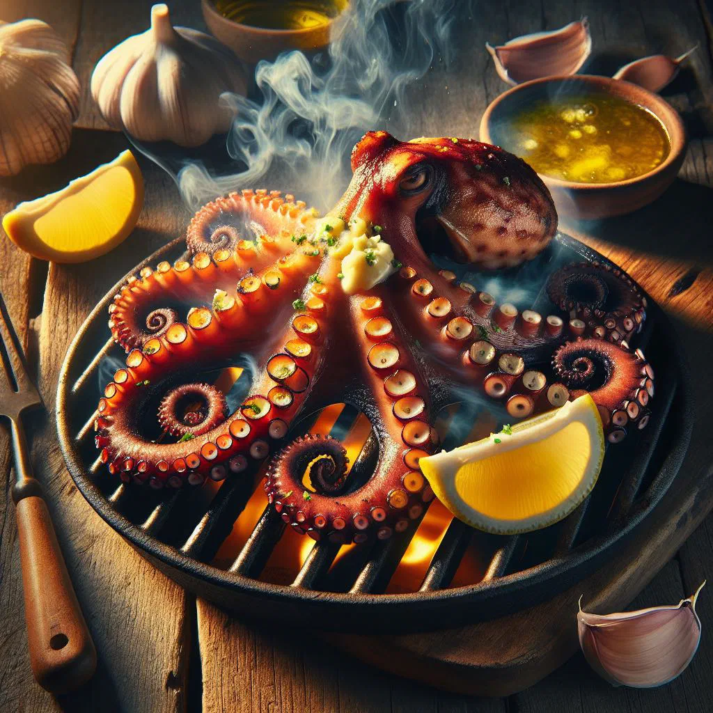 Grilled octopus tentacles glazed with garlic butter and fresh herbs on a plate