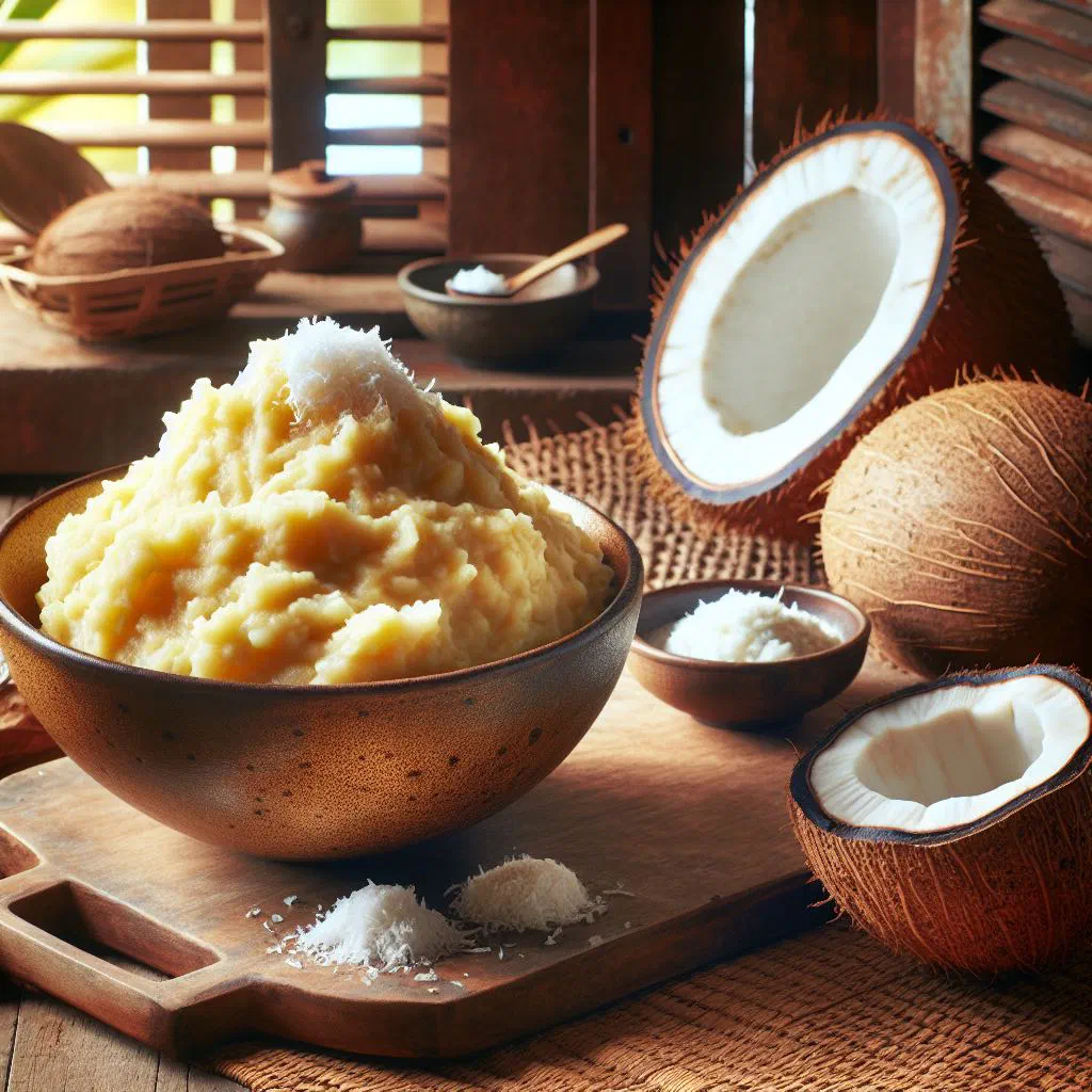 Creamy mashed breadfruit with coconut milk in a bowl, topped with fresh herbs
