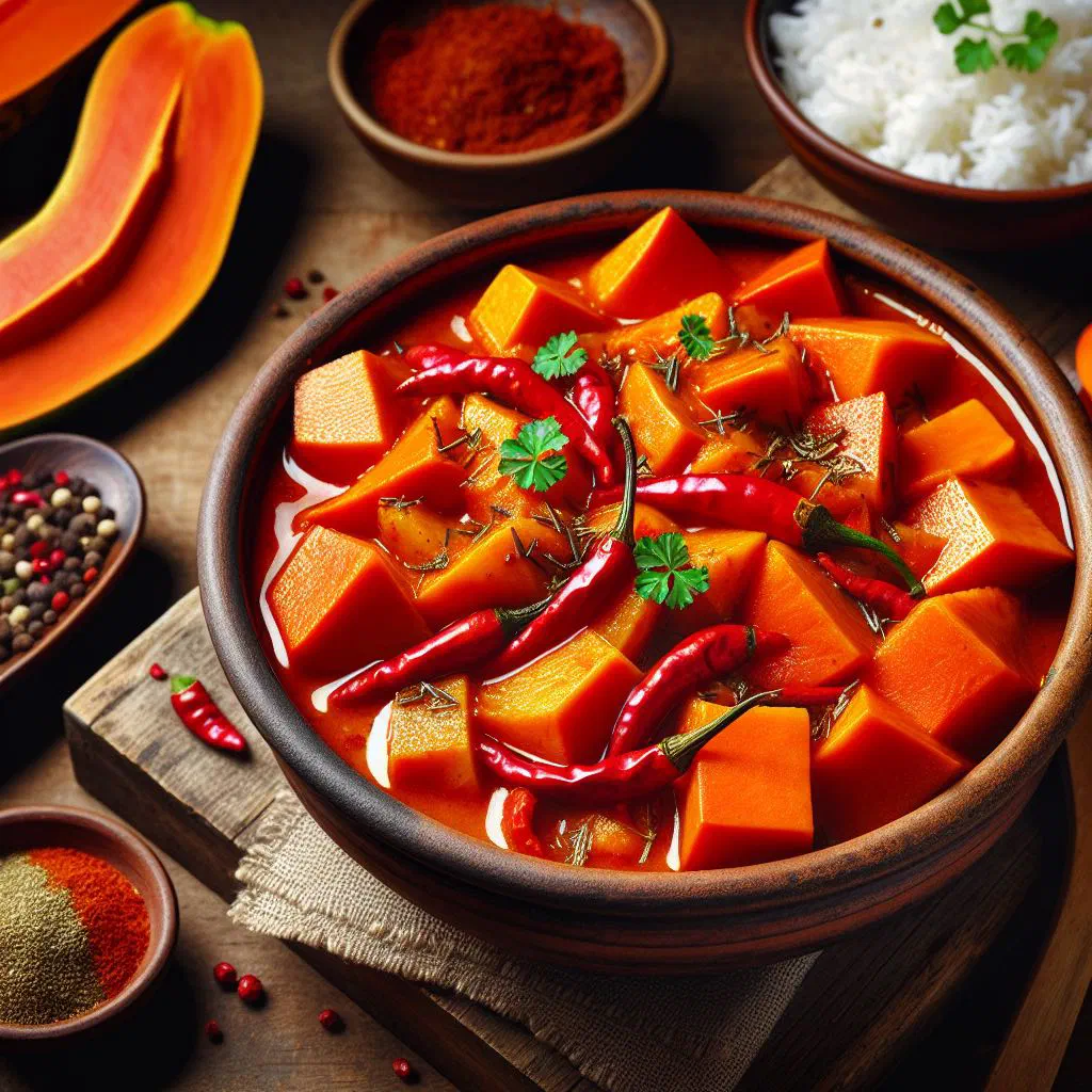 Papaya curry in coconut sauce garnished with fresh coriander