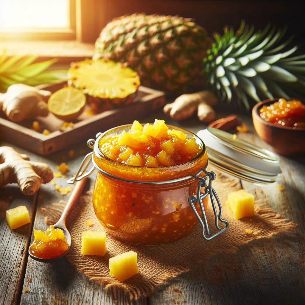 Golden pineapple chutney in a small glass jar with fresh chilli and coriander
