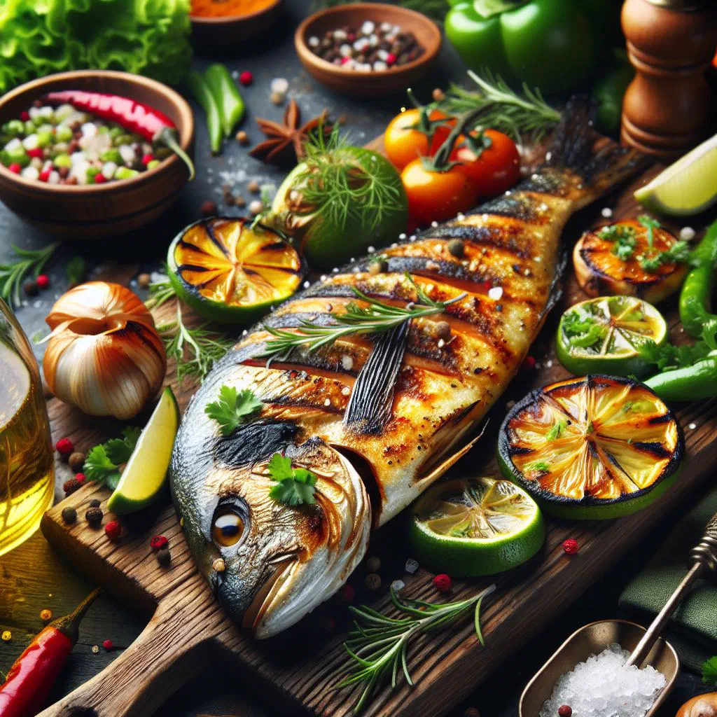 Grilled fish fillets with lime wedges and fresh coriander