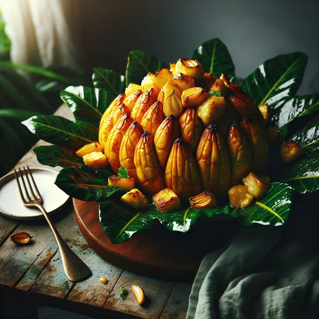 Golden roasted breadfruit slices with garlic and fresh parsley