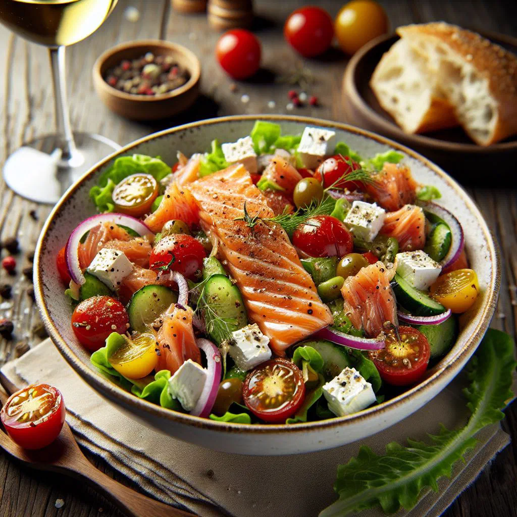 Smoked fish salad with cucumber, tomato and fresh coriander in a bowl
