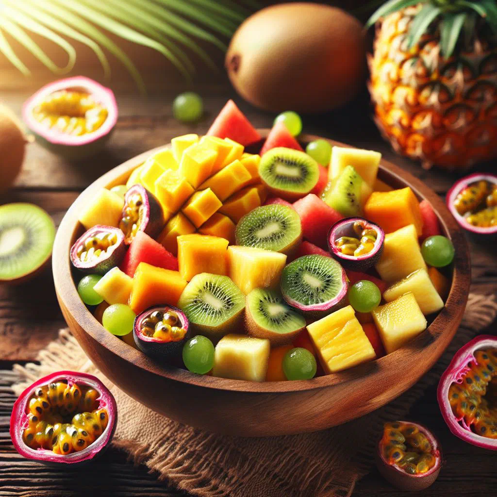 Colourful tropical fruit salad with pineapple, mango, papaya and coconut