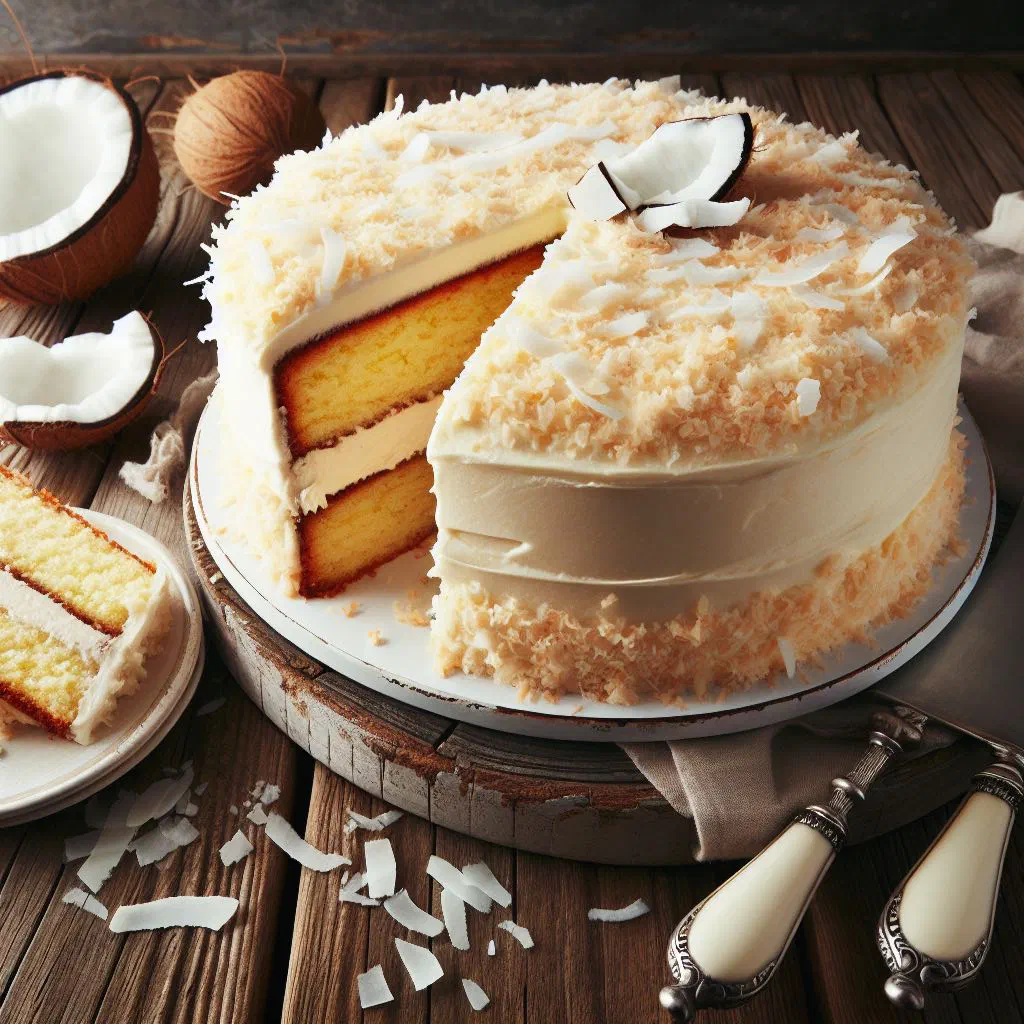 Slice of vanilla coconut cake topped with desiccated coconut