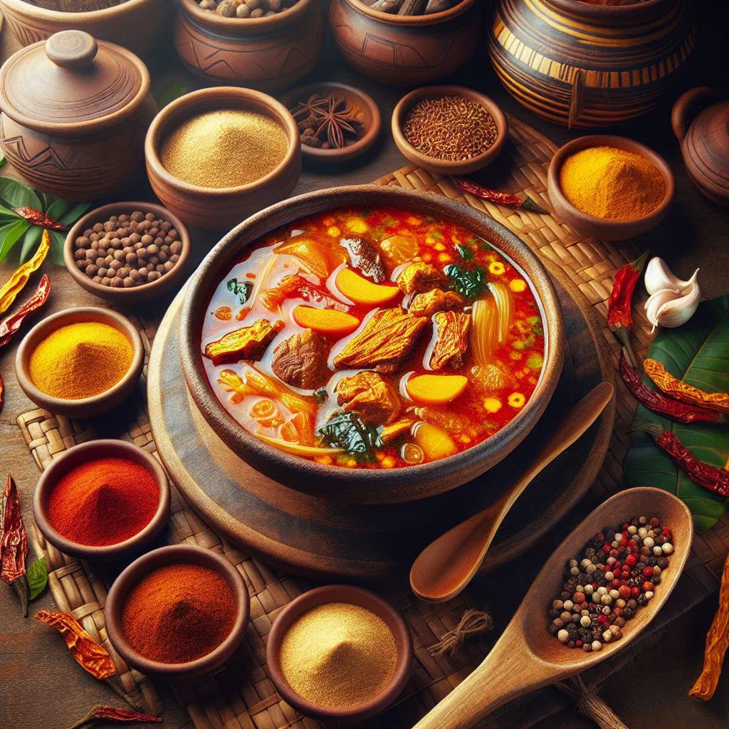 A rich bowl of Banga Soup with tender meat in a deep red palm oil broth