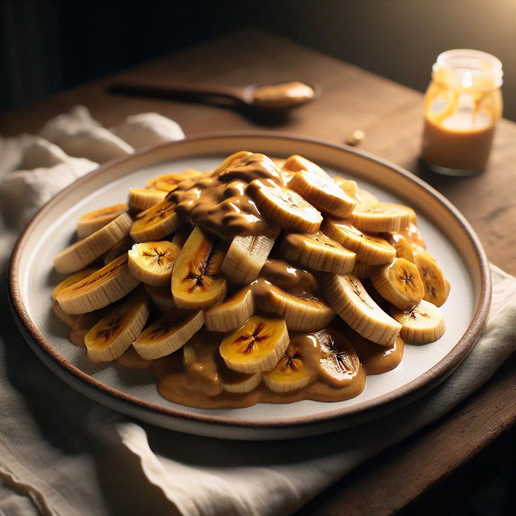 Boiled plantain slices topped with creamy peanut sauce