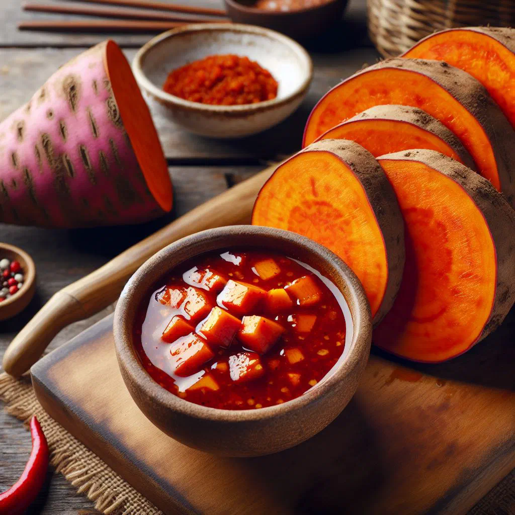 Boiled yam pieces topped with a spicy pepper sauce and fresh coriander
