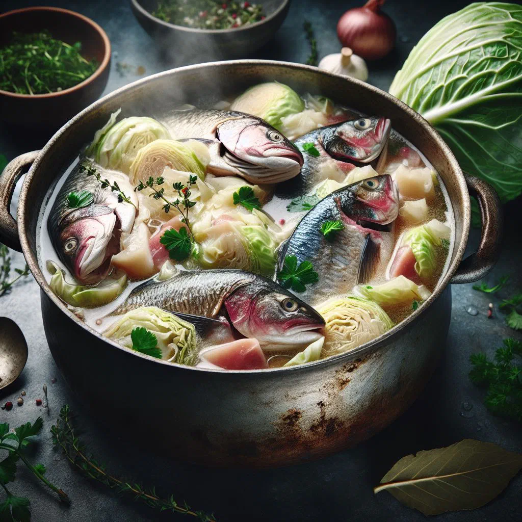 Bowl of Sierra Leonean cabbage and fish stew garnished with fresh herbs