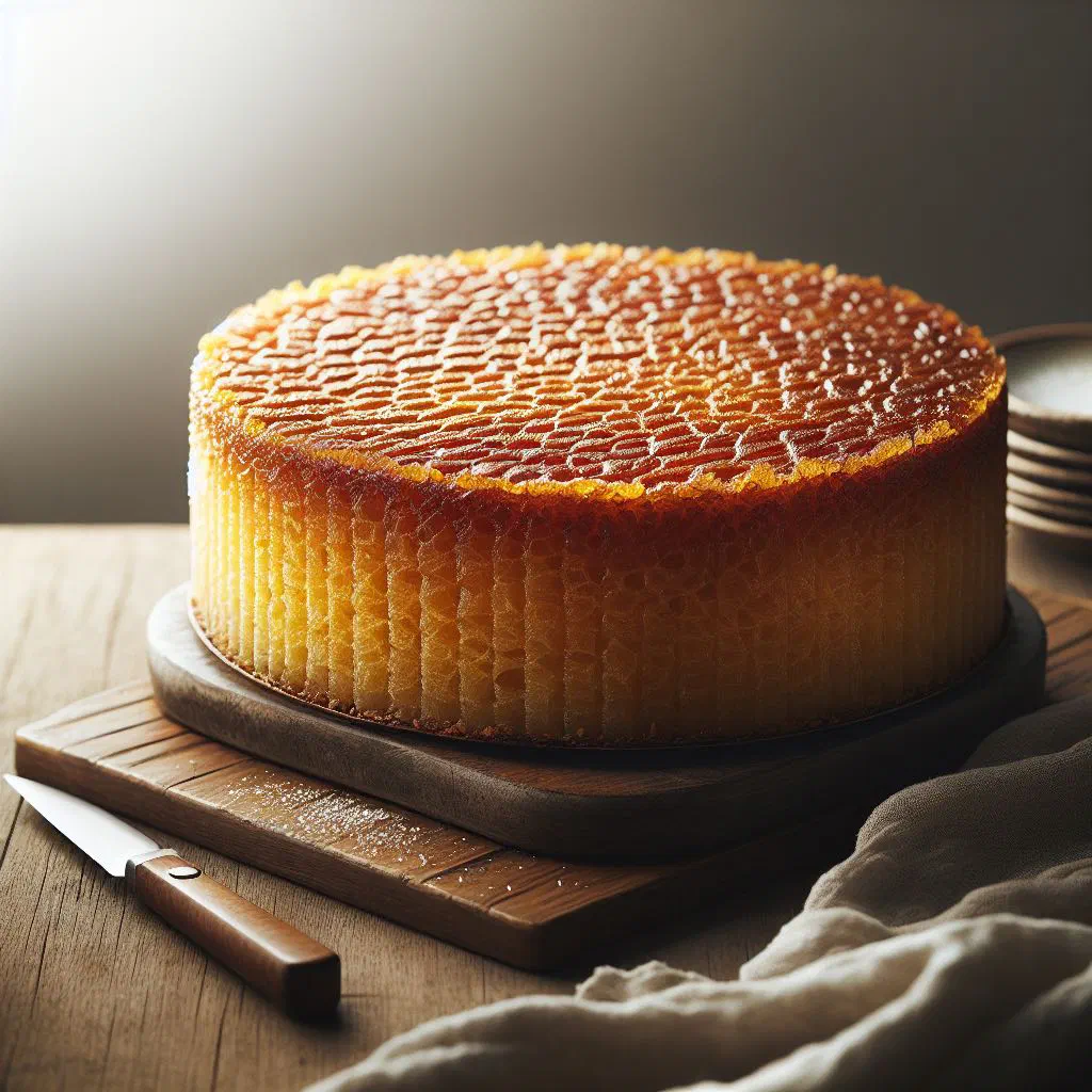 Golden baked cassava cake sliced into squares on a plate