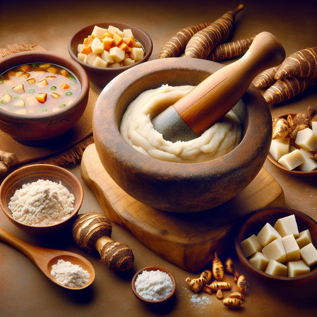 Smooth white cassava fufu served in a bowl with a rich stew
