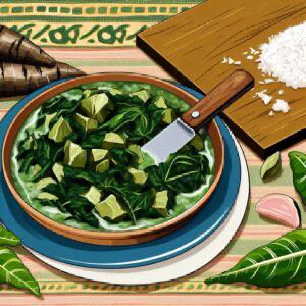 Bowl of Sierra Leonean cassava leaves stew with palm oil and rice