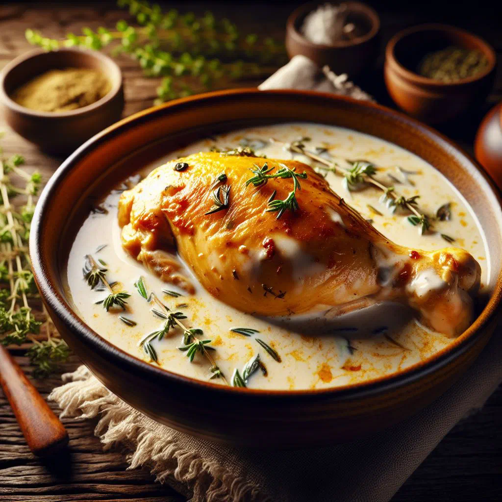 Chicken simmered in creamy coconut milk garnished with fresh coriander