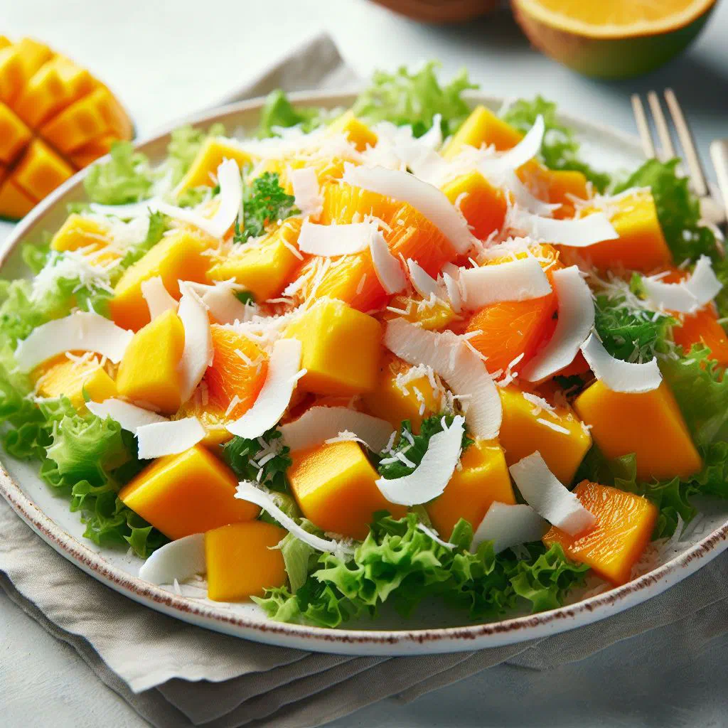 Fresh coconut and mango salad garnished with mint leaves