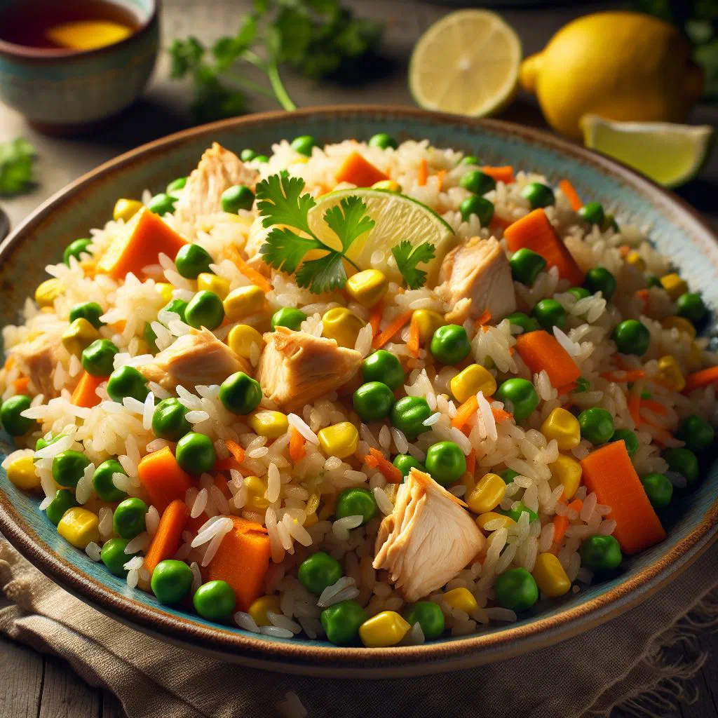 Coconut fried rice with colourful vegetables in a bowl