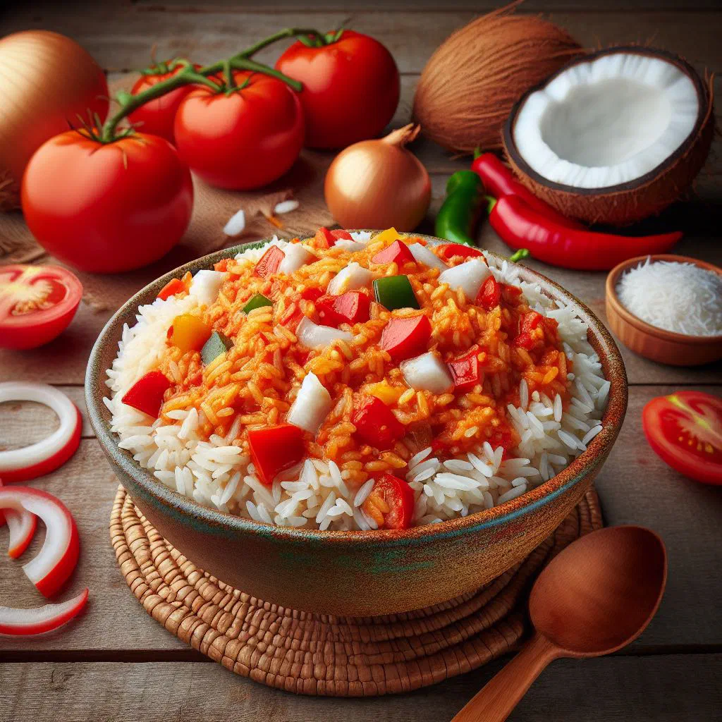 Coconut jollof rice with fresh herbs served in a bowl