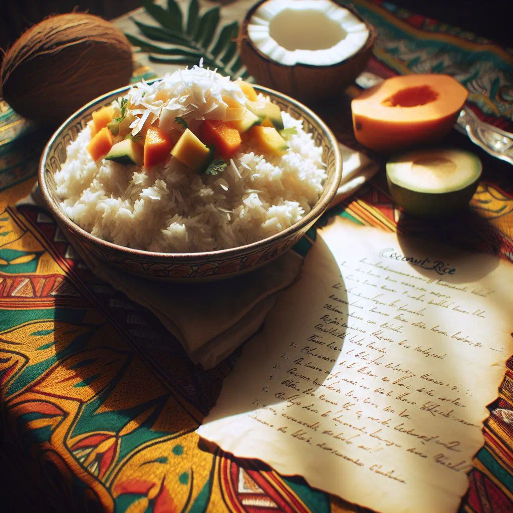 A bowl of fluffy coconut rice garnished with fresh coriander