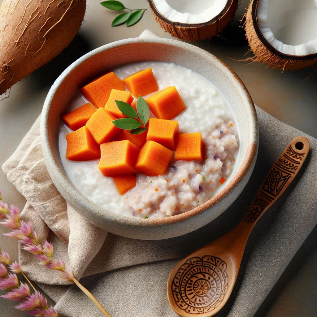Creamy coconut yam porridge in a bowl garnished with fresh fruit