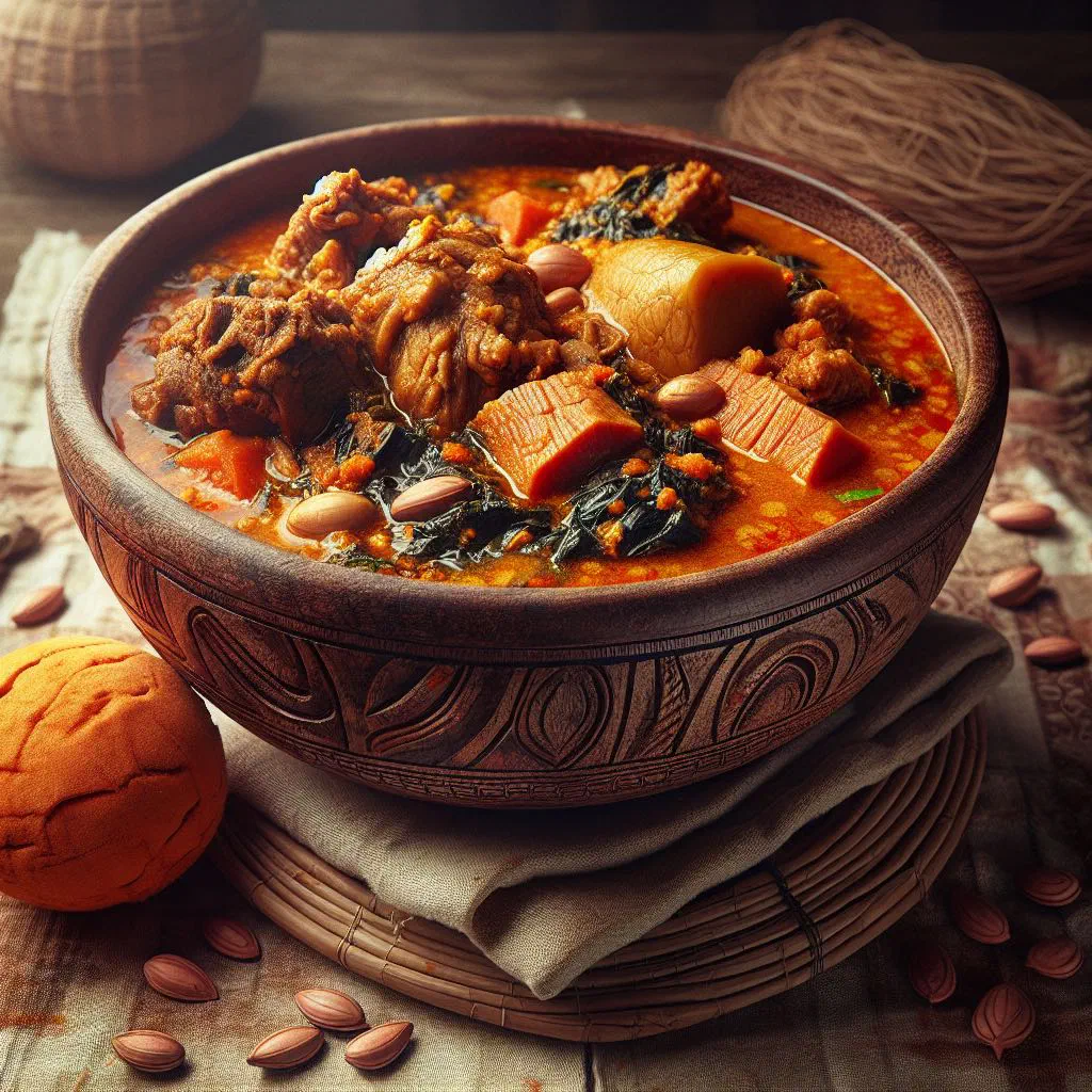 A bowl of rich egusi soup with leafy greens, served with rice