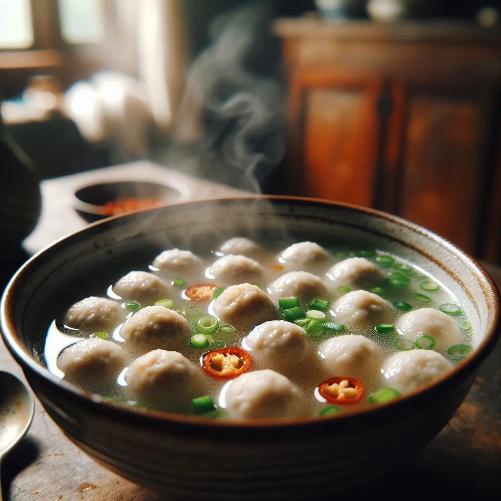 Bowl of Sierra Leonean fish ball soup garnished with fresh coriander