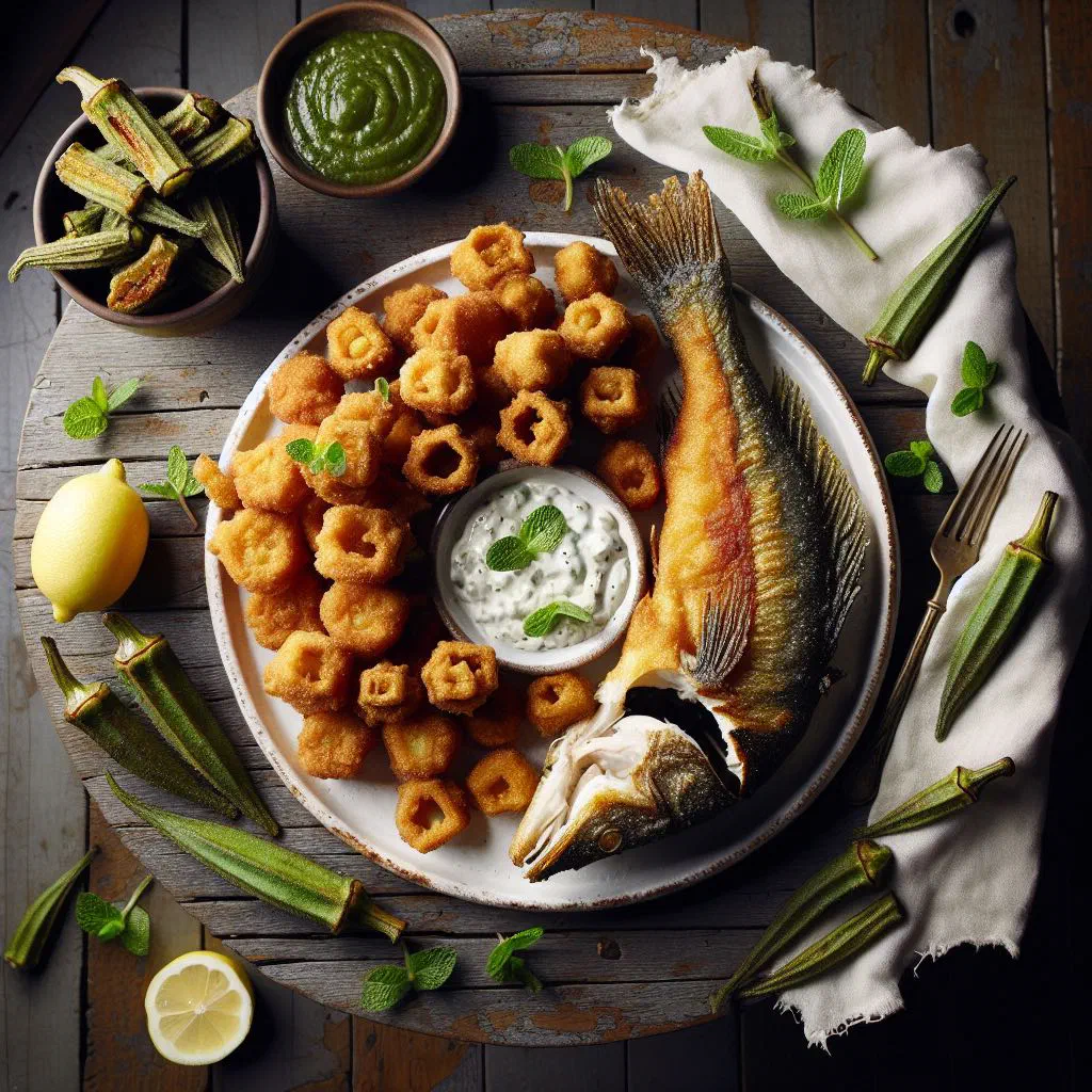 Golden fried okra slices with crispy pan-fried fish on a plate