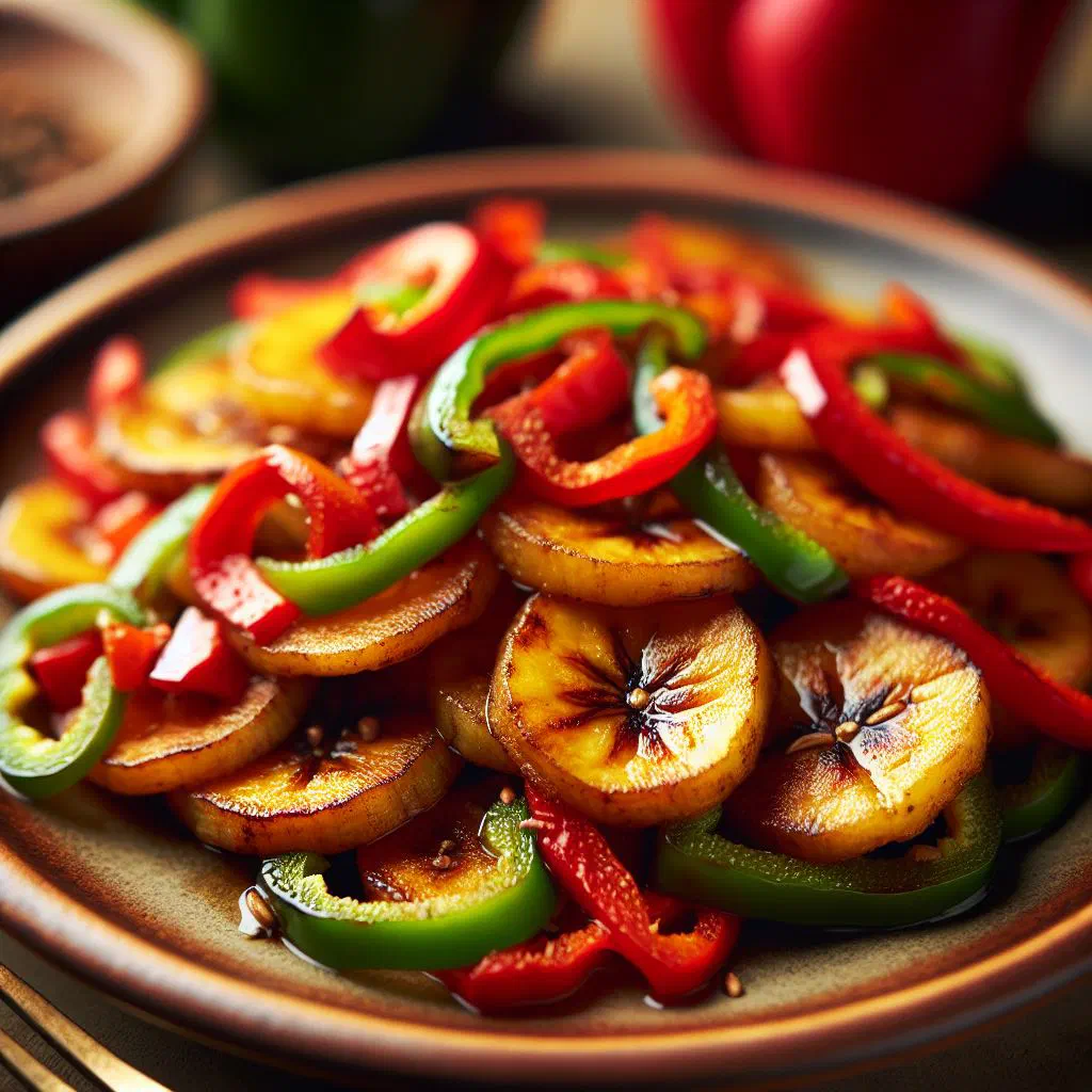 Golden fried sweet plantain slices served with sautéed peppers