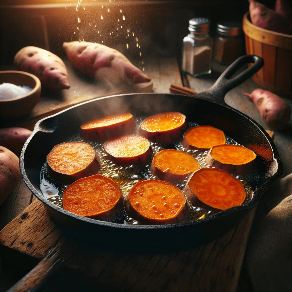 Golden fried sweet potato pieces on a plate, crisp outside and soft within