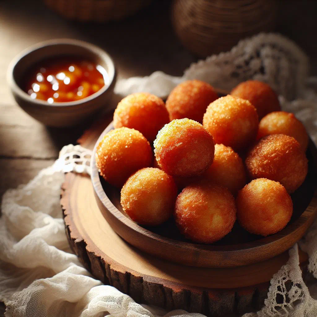 Golden fried yam balls piled on a plate, ready to serve