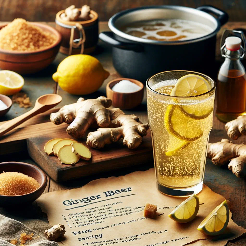 A tall glass of homemade ginger beer with ice and lemon
