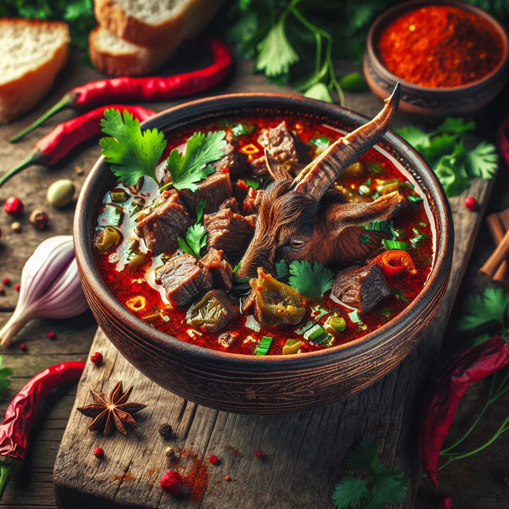 Bowl of spicy goat pepper soup garnished with fresh coriander