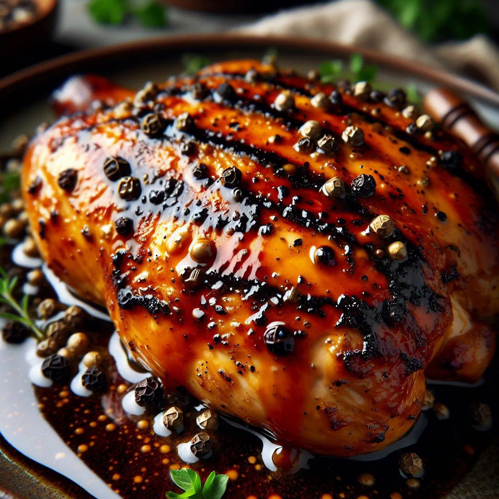 Grilled chicken pieces coated in a spicy red pepper sauce, garnished with fresh herbs