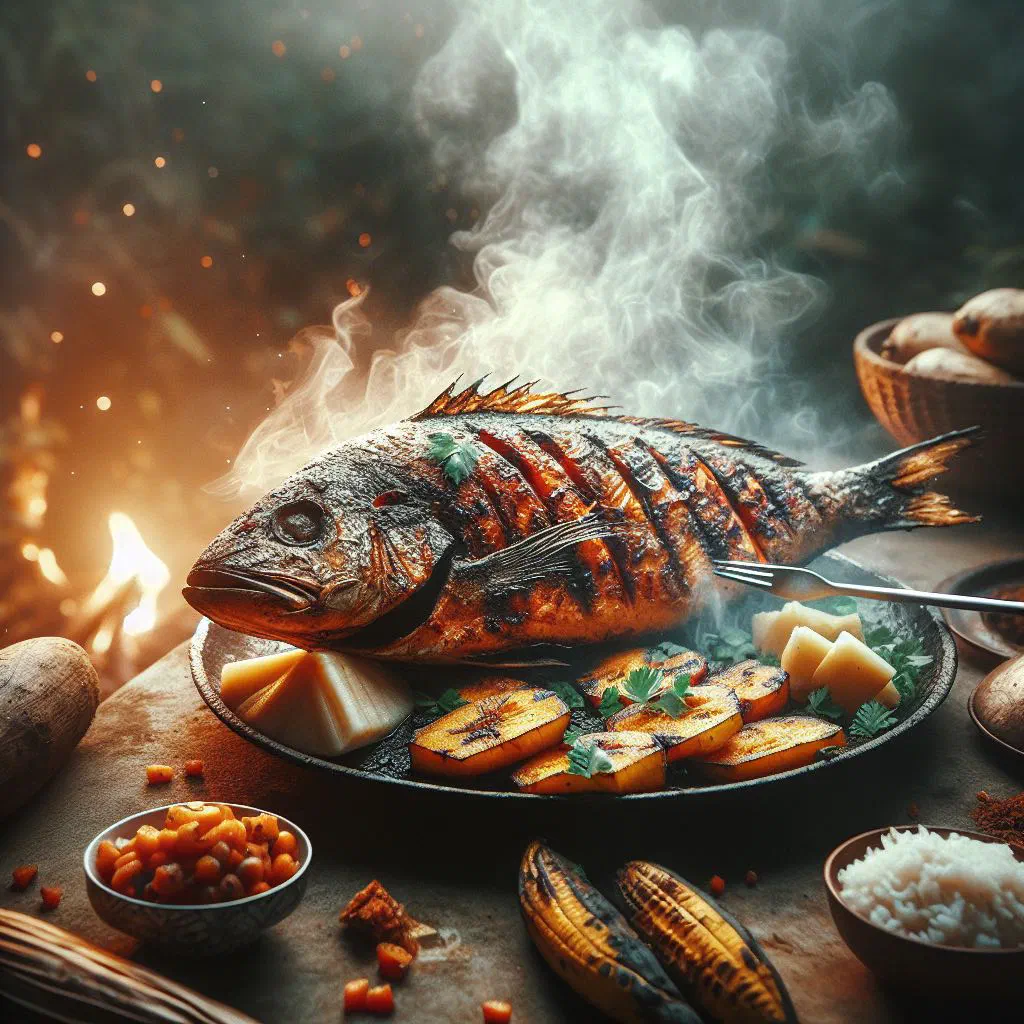 Whole grilled fish garnished with fresh herbs and lime wedges