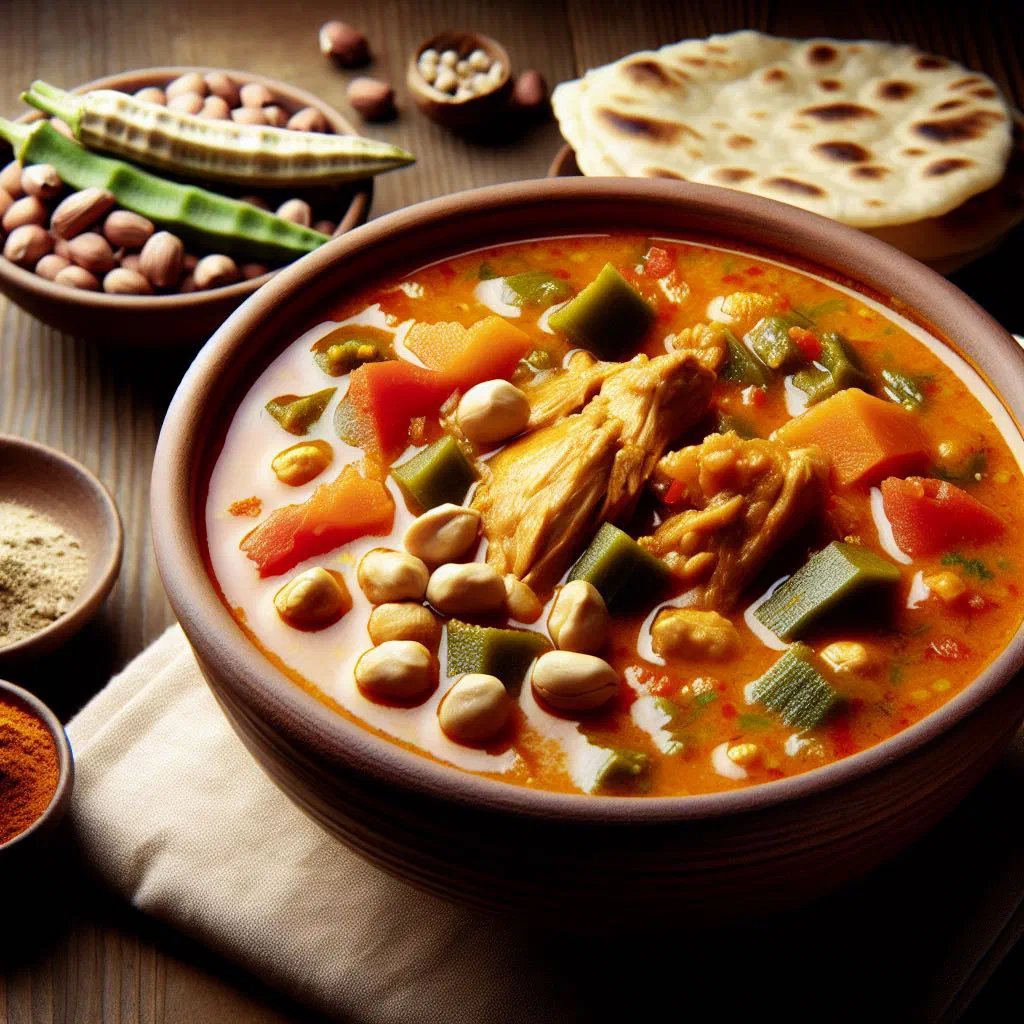 A bowl of creamy groundnut stew with sweet potato and peppers