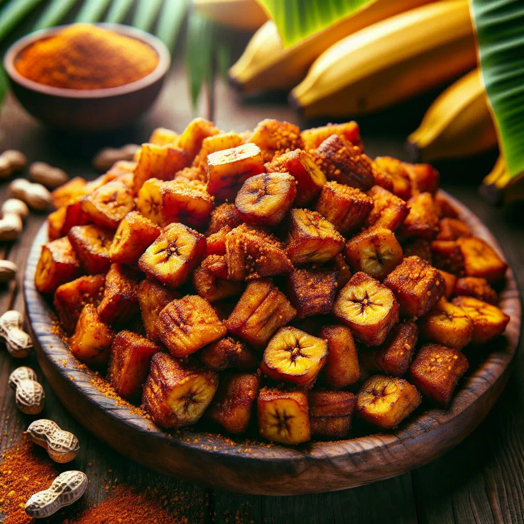 Golden fried spiced plantain pieces served on a plate