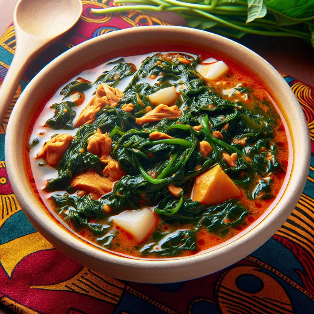 A steaming bowl of Krain Krain Soup with leafy greens and tender meat