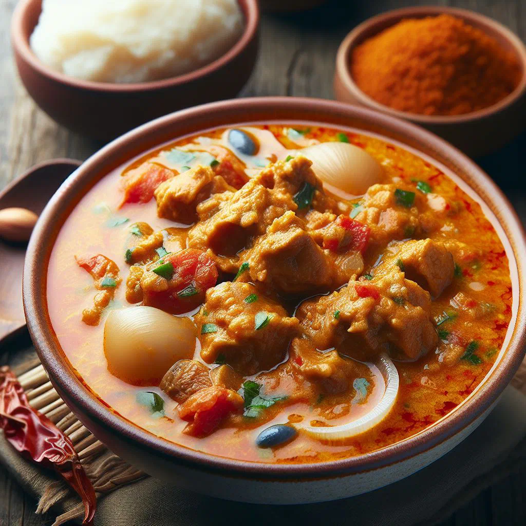 A bowl of rich red palm butter soup with tender meat and greens