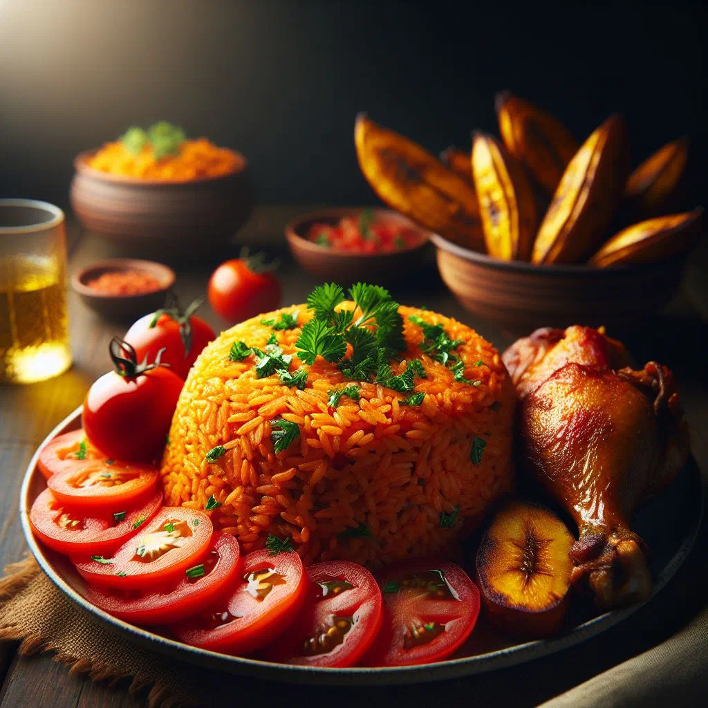 Palm oil jollof rice served in a bowl with a rich red tomato sauce