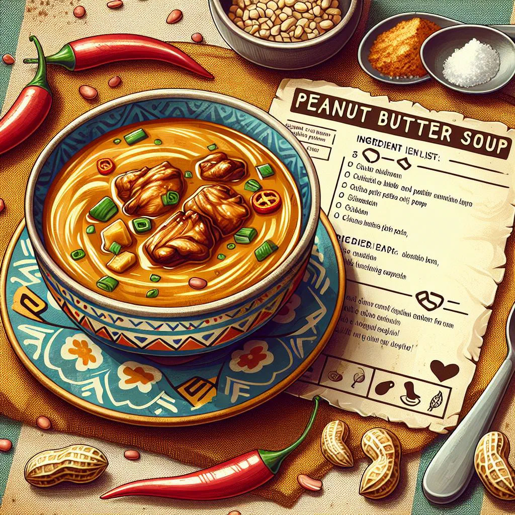 Creamy peanut butter soup garnished with fresh coriander and chopped peanuts